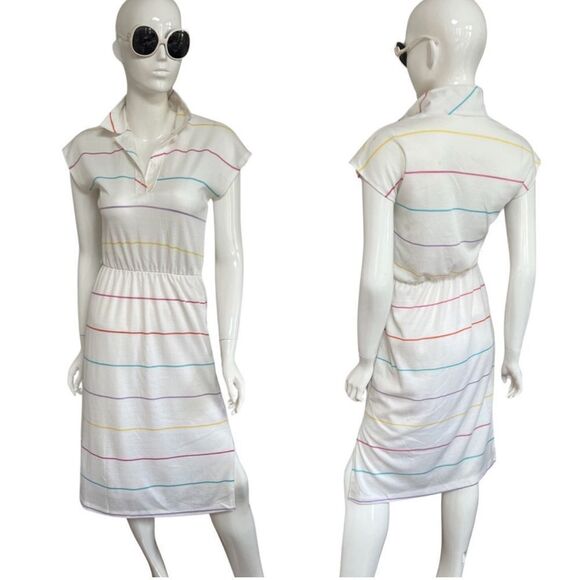 Vintage 1970s Handmade One of a Kind Rainbow Stripe Cinch Waist Polo Midi Dress - Picture 1 of 15
